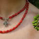 Коралі з чокером ручної роботи у два ряди ручної роботи дворядні з натурального каменю підвіска ажурний хрест Червон 20110 фото 13